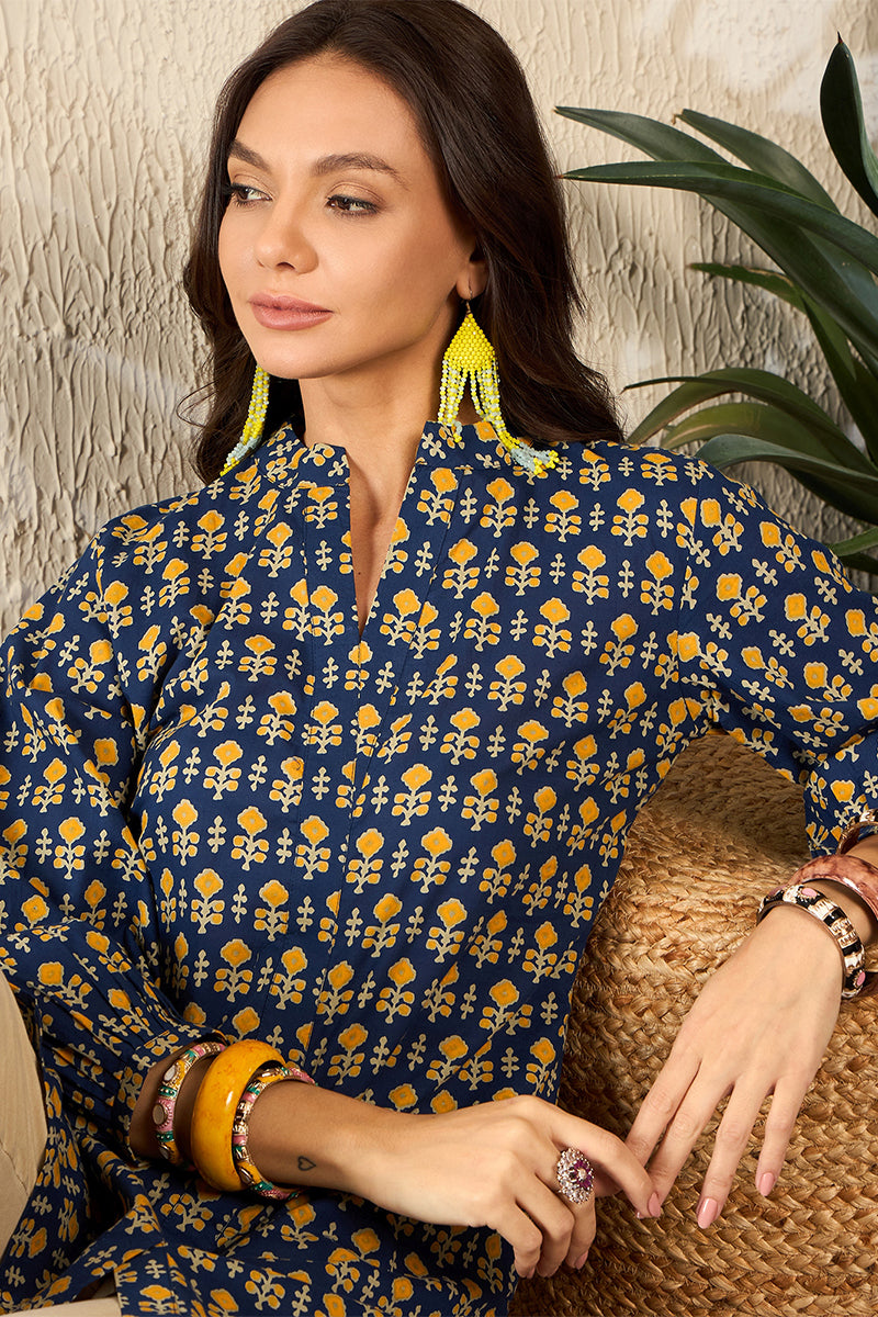 Blue Cotton Blend Ethnic Motifs Printed Regular Kurti Tunics VT1318