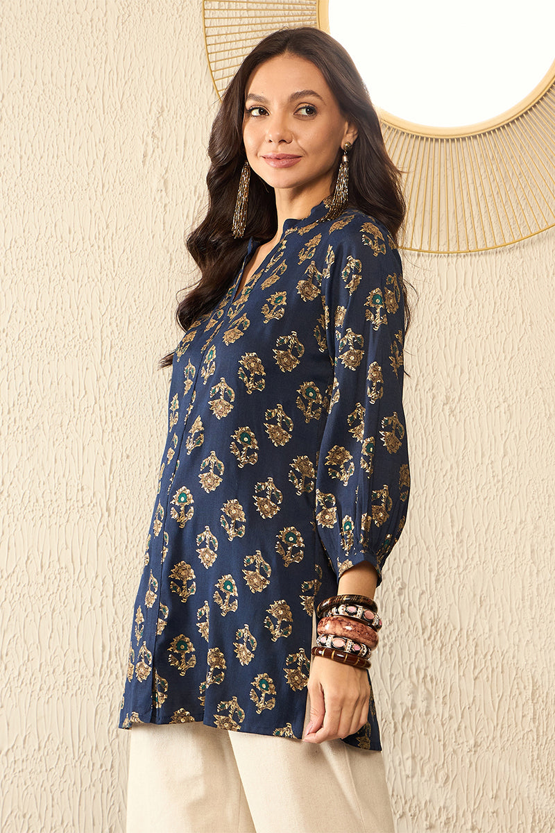 Blue Cotton Blend Floral Printed Regular Kurti Tunics VT1320