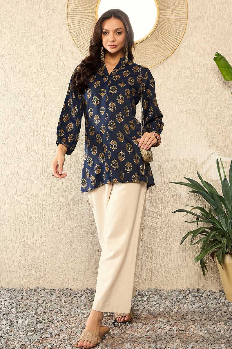 Blue Cotton Blend Floral Printed Regular Kurti Tunics VT1320