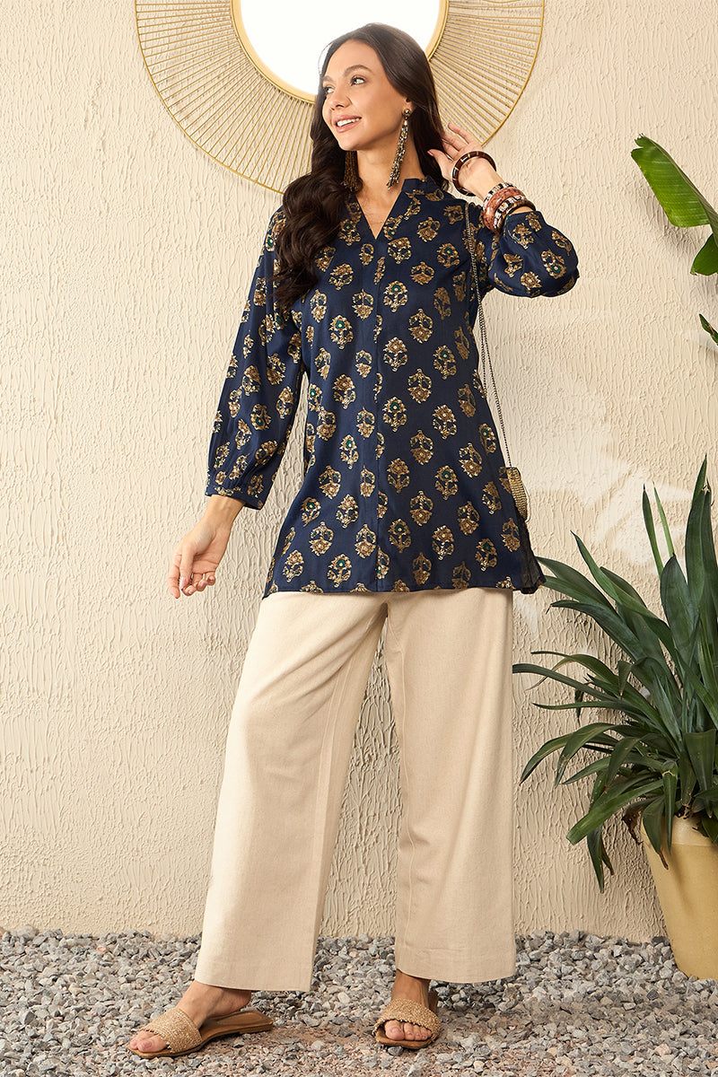 Blue Cotton Blend Floral Printed Regular Top VT1320