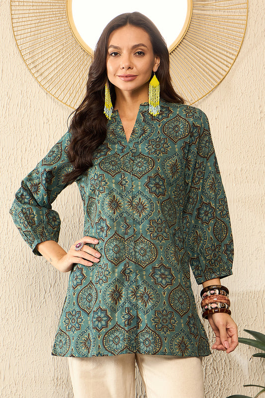 Blue Cotton Blend Ajrakh Printed Regular Top VT1322