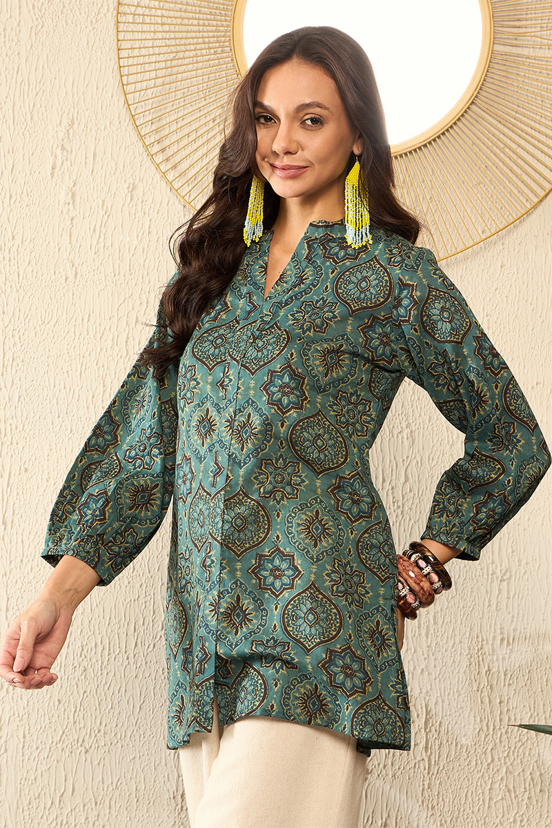 Blue Cotton Blend Ajrakh Printed Regular Top VT1322