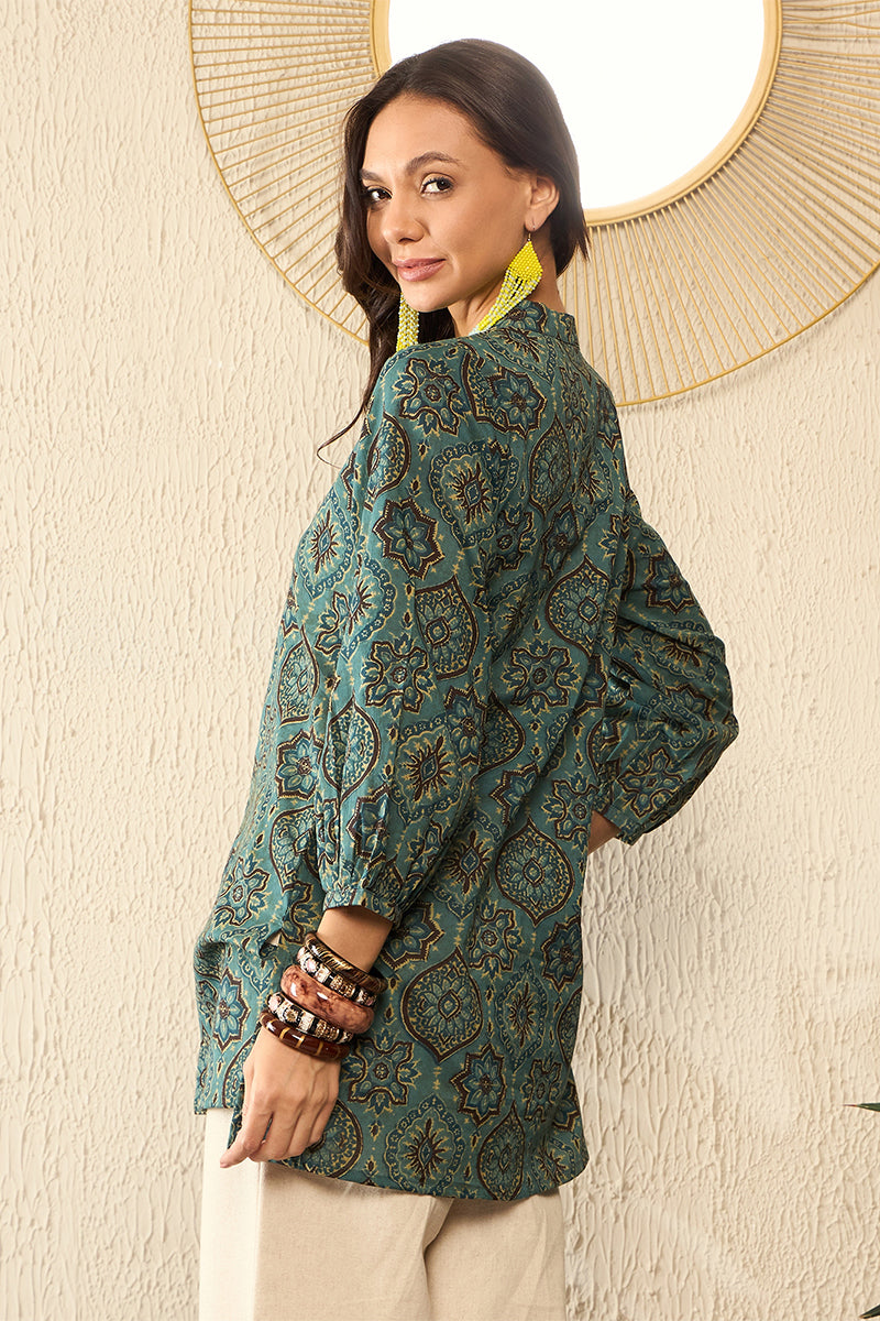 Blue Cotton Blend Ajrakh Printed Regular Top VT1322