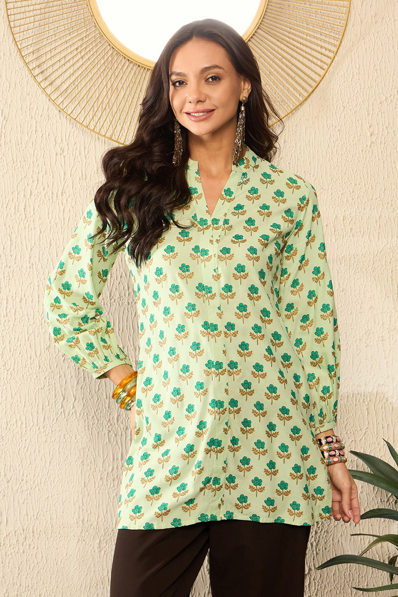 Green Viscose Rayon Floral Printed Regular Kurti Tunics VT1323