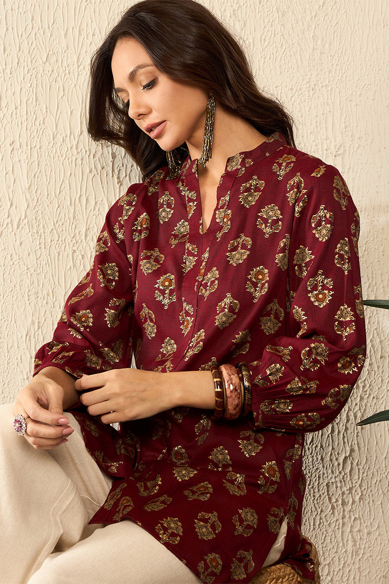 Maroon Cotton Blend Floral Printed Regular Top VT1324