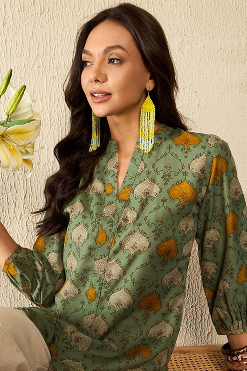 Green Cotton Blend Ethnic Motifs Printed Regular Kurti Tunics VT1325