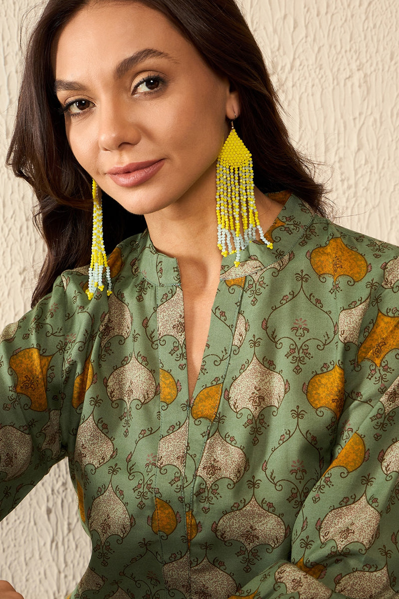 Green Cotton Blend Ethnic Motifs Printed Regular Kurti Tunics VT1325