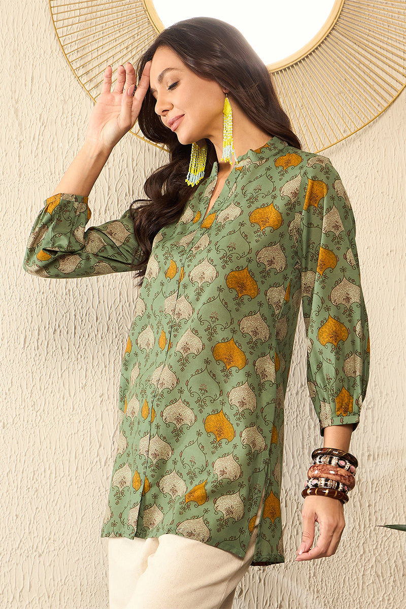 Green Cotton Blend Ethnic Motifs Printed Regular Top VT1325