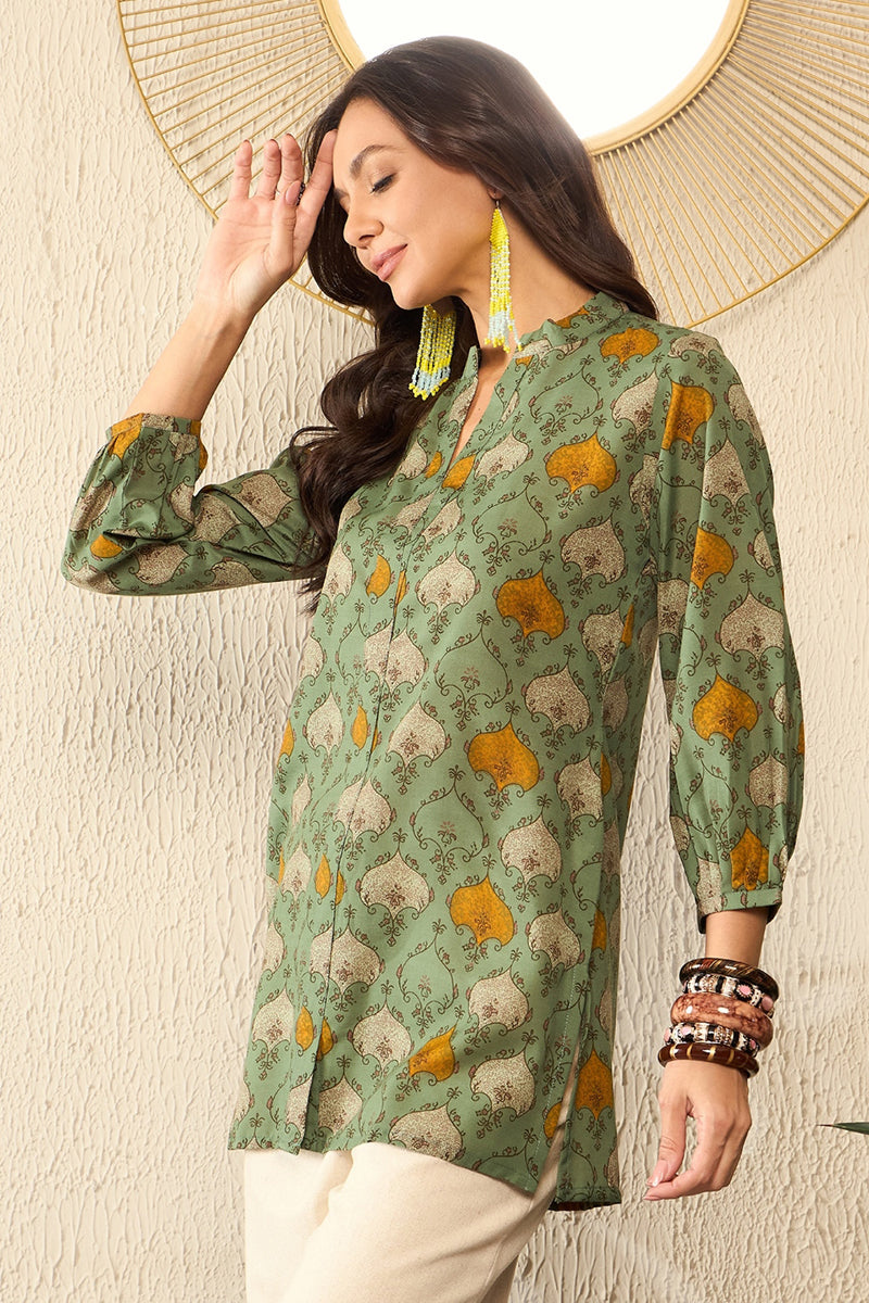 Green Cotton Blend Ethnic Motifs Printed Regular Kurti Tunics VT1325