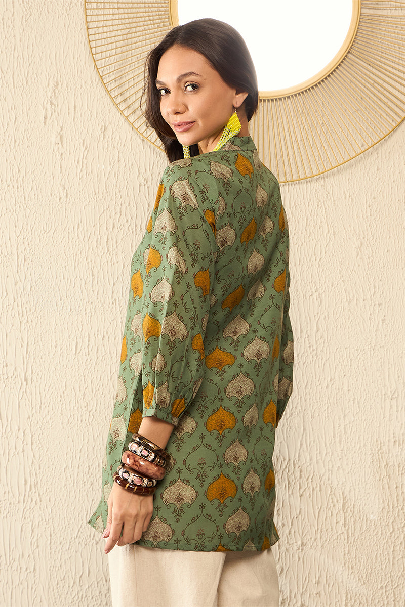 Green Cotton Blend Ethnic Motifs Printed Regular Top VT1325