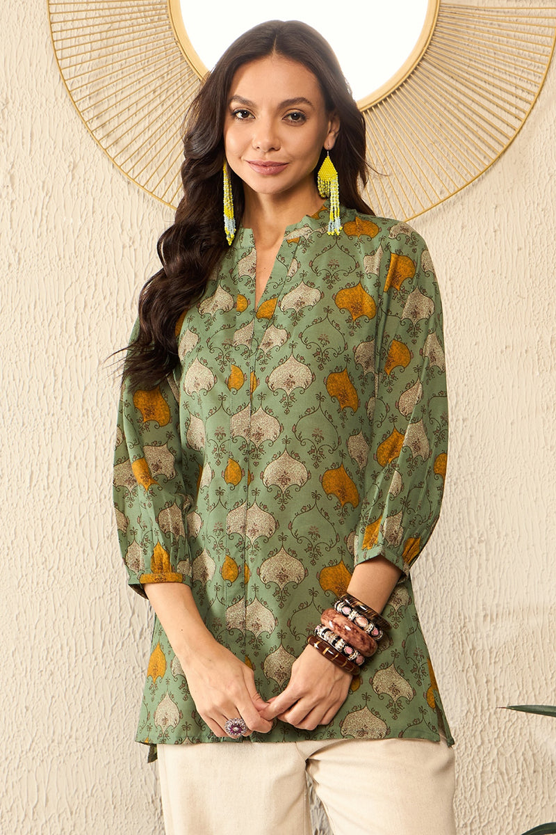 Green Cotton Blend Ethnic Motifs Printed Regular Kurti Tunics VT1325