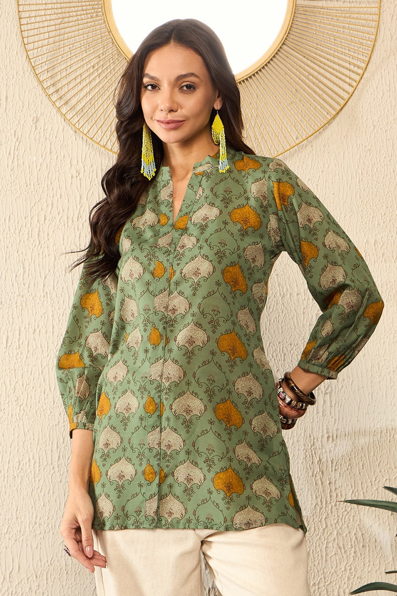 Green Cotton Blend Ethnic Motifs Printed Regular Kurti Tunics VT1325