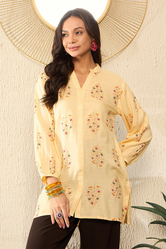 Yellow Cotton Blend Floral Printed Regular Top VT1327