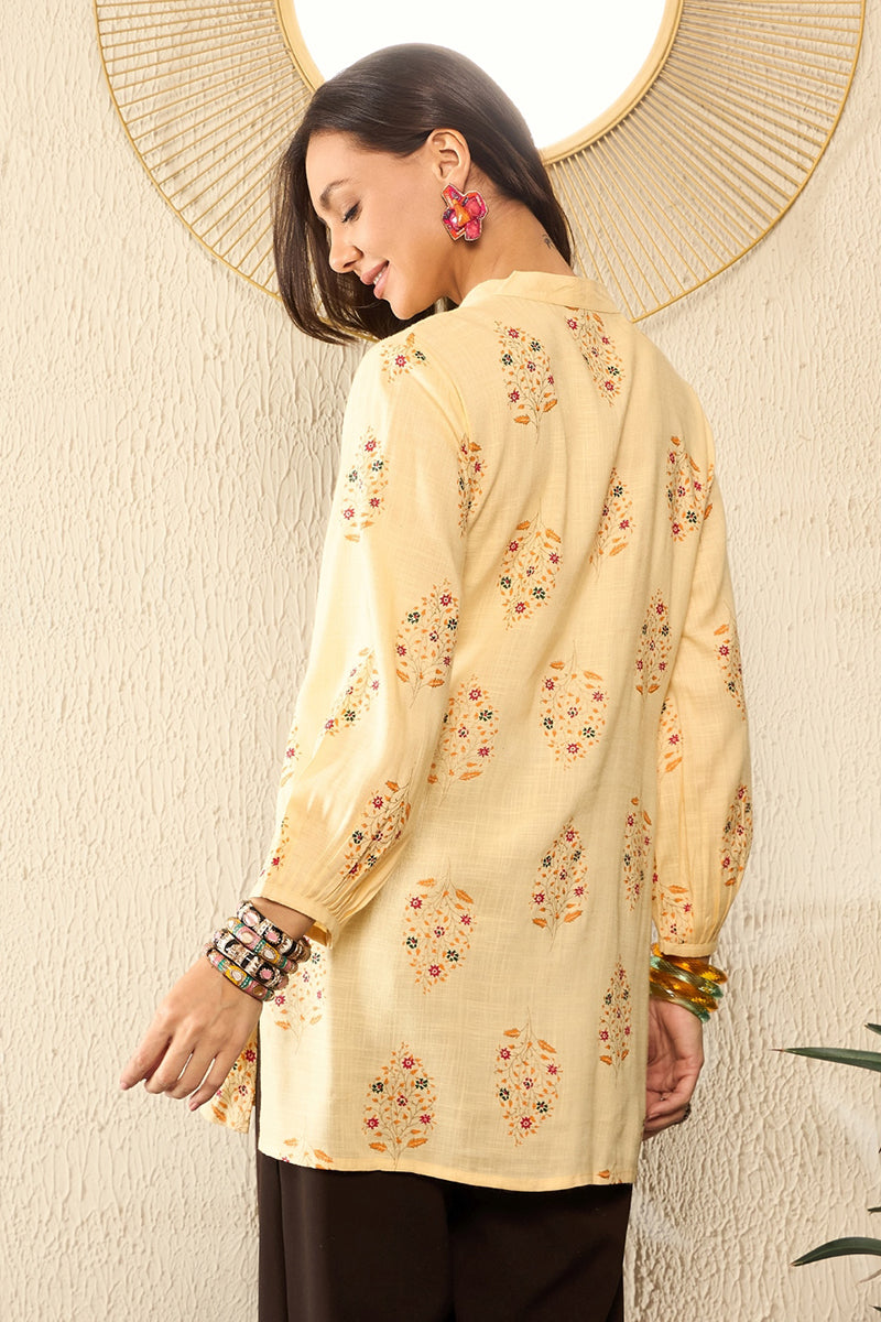 Yellow Cotton Blend Floral Printed Regular Kurti Tunics VT1327