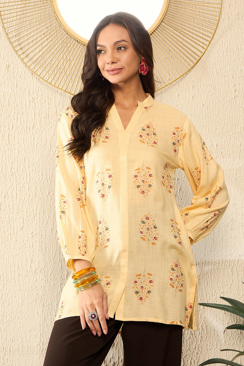 Yellow Cotton Blend Floral Printed Regular Kurti Tunics VT1327