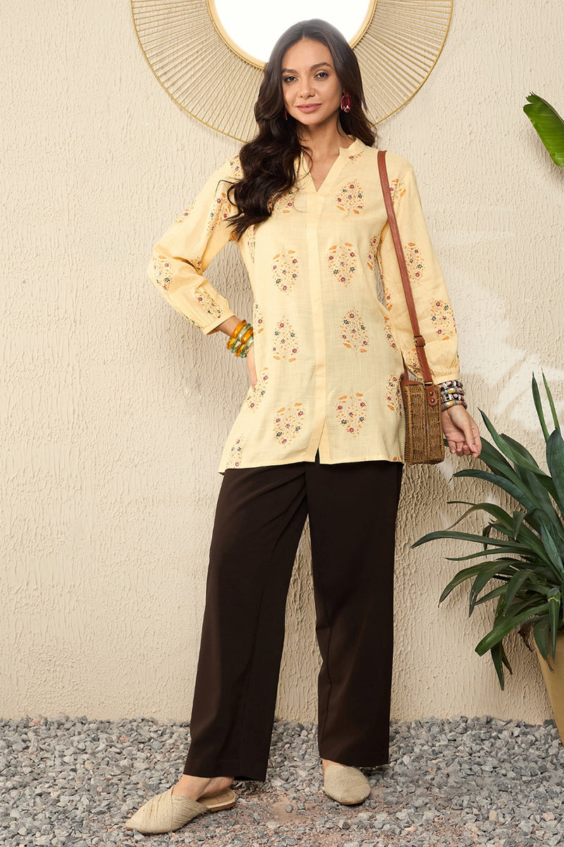 Yellow Cotton Blend Floral Printed Regular Kurti Tunics VT1327