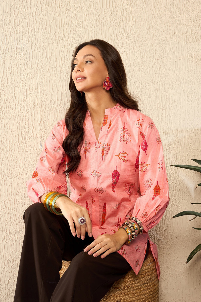 Pink Cotton Blend Floral Printed Regular Kurti Tunics VT1328