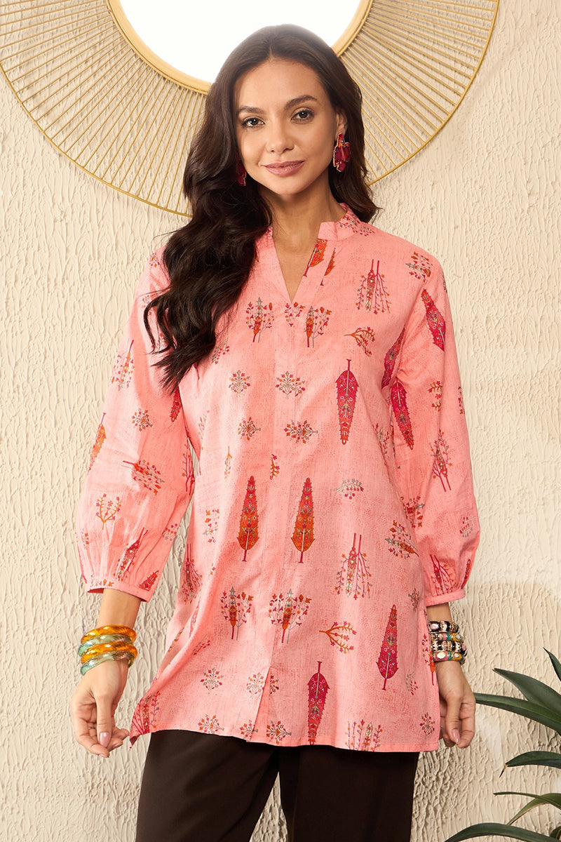 Pink Cotton Blend Floral Printed Regular Kurti Tunics VT1328