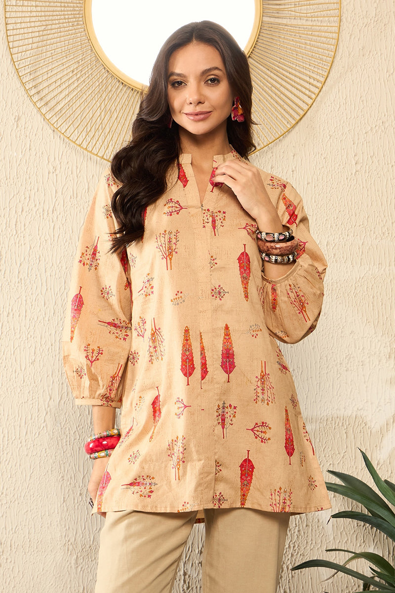 Beige Cotton Blend Floral Printed Regular Kurti Tunics VT1329