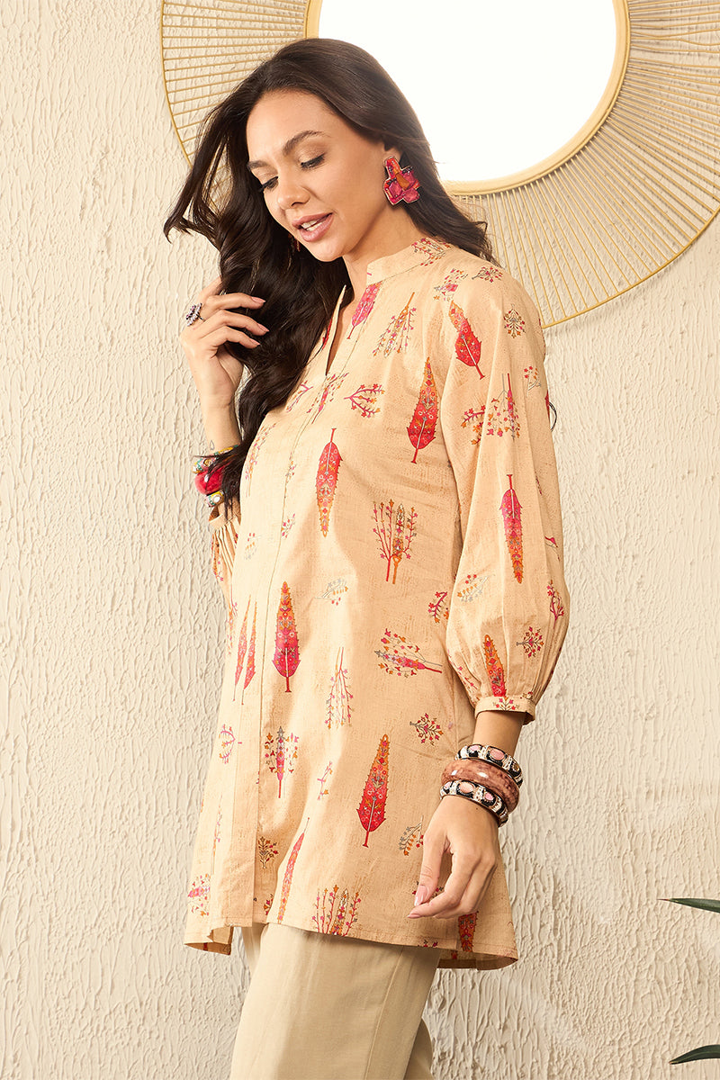 Beige Cotton Blend Floral Printed Regular Top VT1329