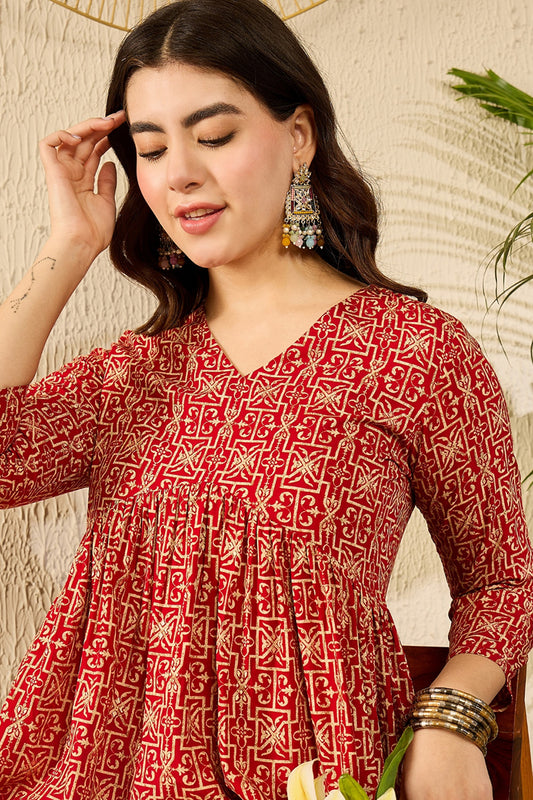 Red Viscose Rayon Ethnic Motifs Printed Regular Kurti Tunics VT1330