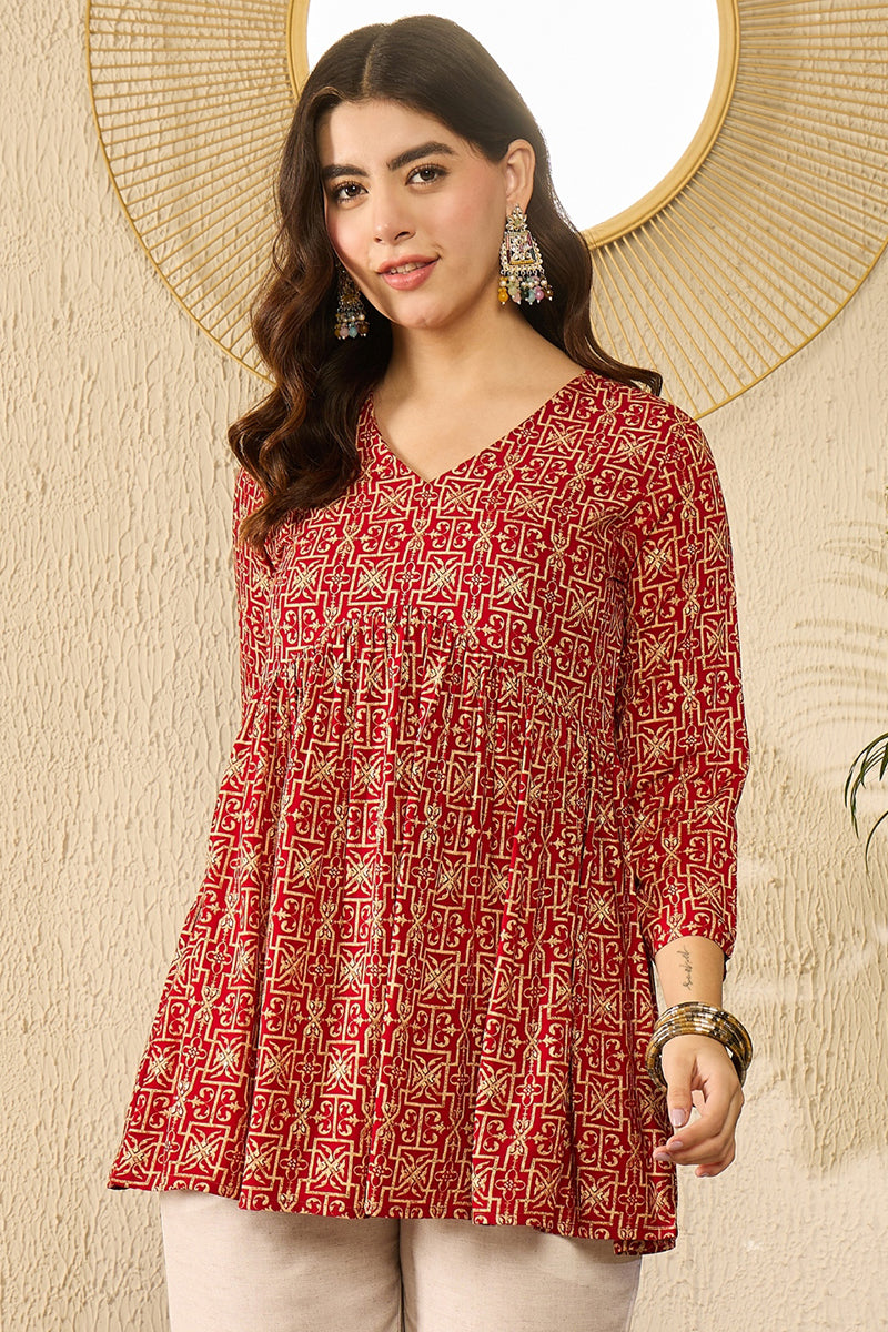 Red Viscose Rayon Ethnic Motifs Printed Regular Kurti Tunics VT1330