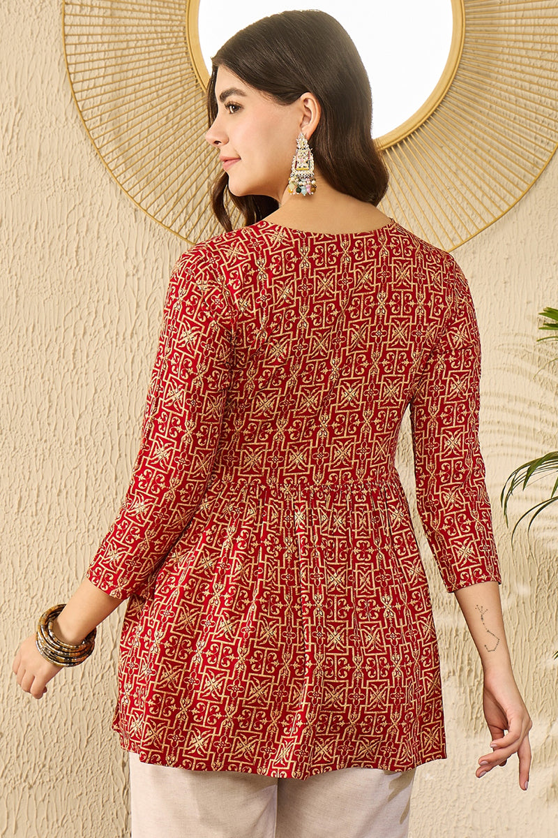 Red Viscose Rayon Ethnic Motifs Printed Regular Kurti Tunics VT1330