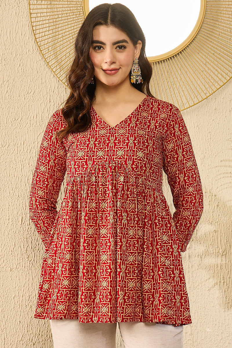 Red Viscose Rayon Ethnic Motifs Printed Regular Kurti Tunics VT1330