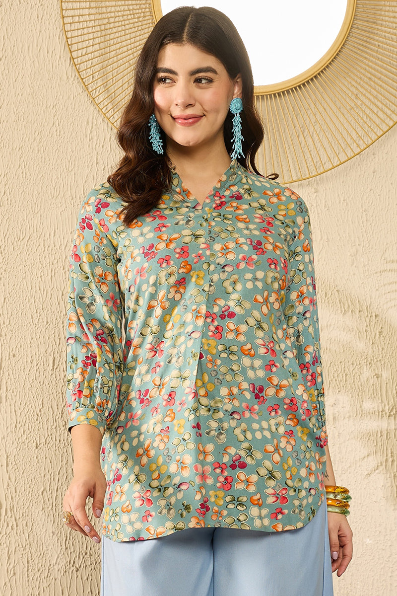 Blue Viscose Rayon Floral Printed Regular Kurti Tunics VT1335