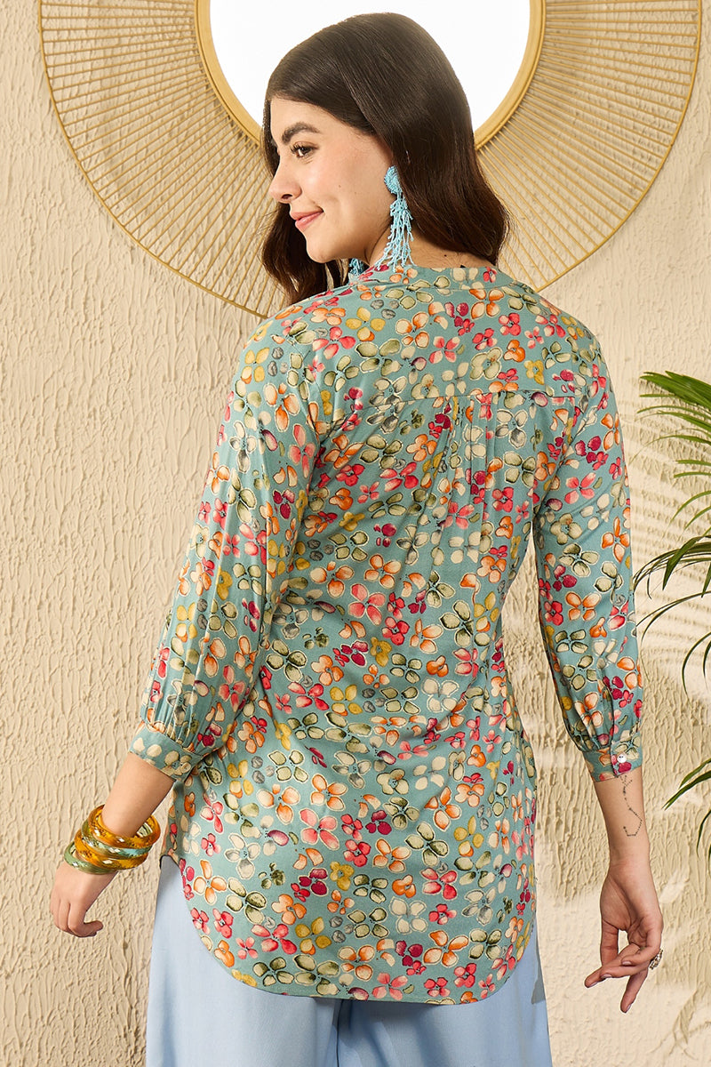 Blue Viscose Rayon Floral Printed Regular Kurti Tunics VT1335