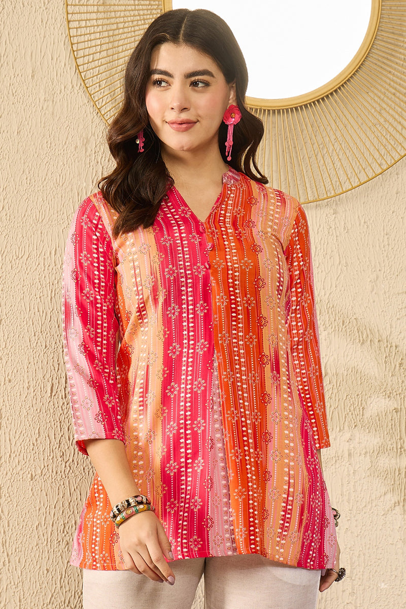 Orange Rayon Blend Floral Printed Regular Kurti Tunics VT1349