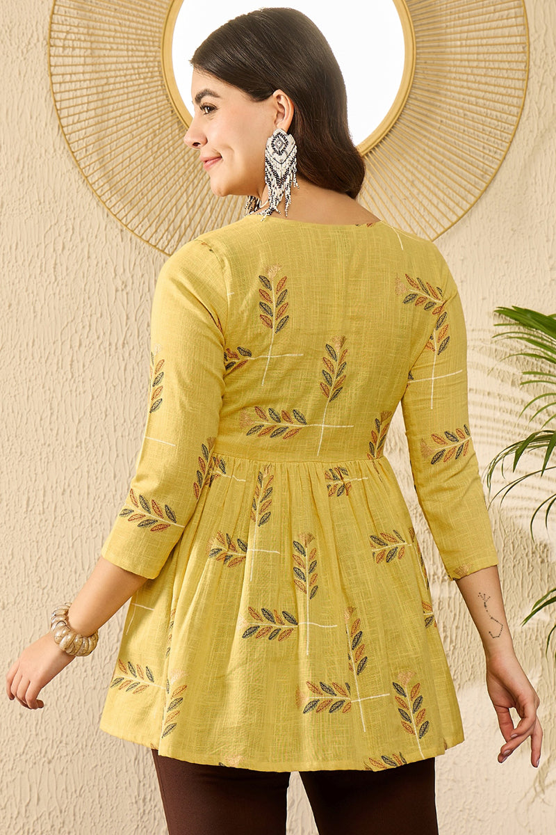 Yellow Cotton Blend Floral Printed Regular Kurti Tunics VT1352