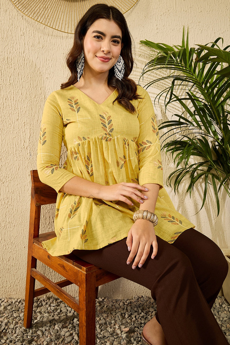 Yellow Cotton Blend Floral Printed Regular Kurti Tunics VT1352