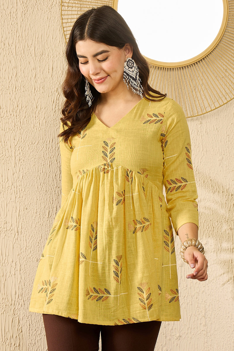 Yellow Cotton Blend Floral Printed Regular Kurti Tunics VT1352