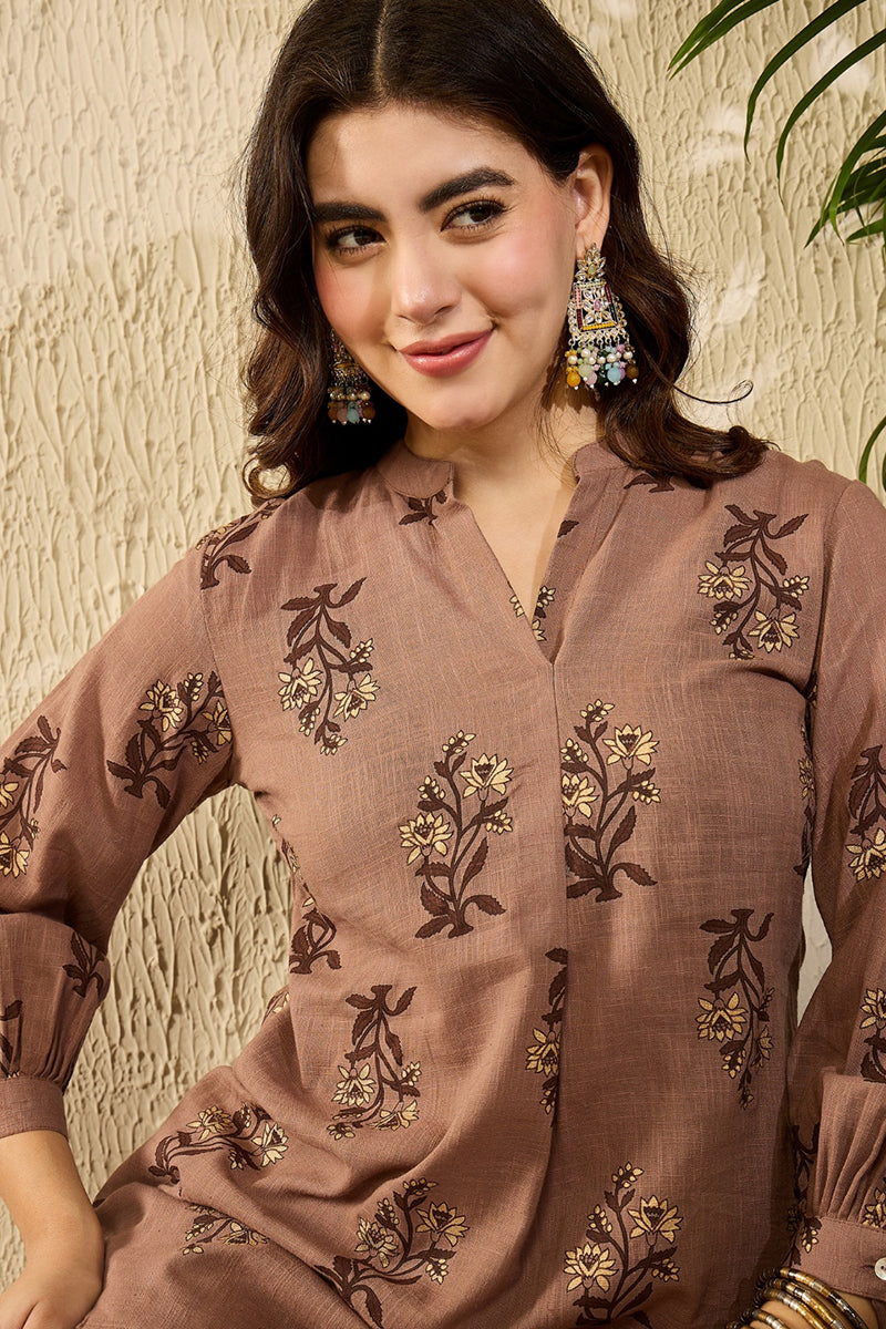 Brown Cotton Blend Floral Printed Regular Kurti Tunics VT1361