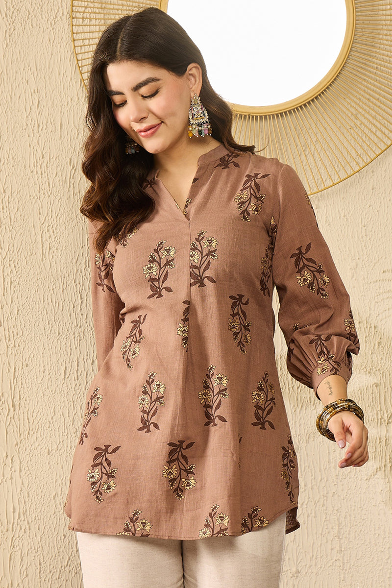 Brown Cotton Blend Floral Printed Regular Kurti Tunics VT1361