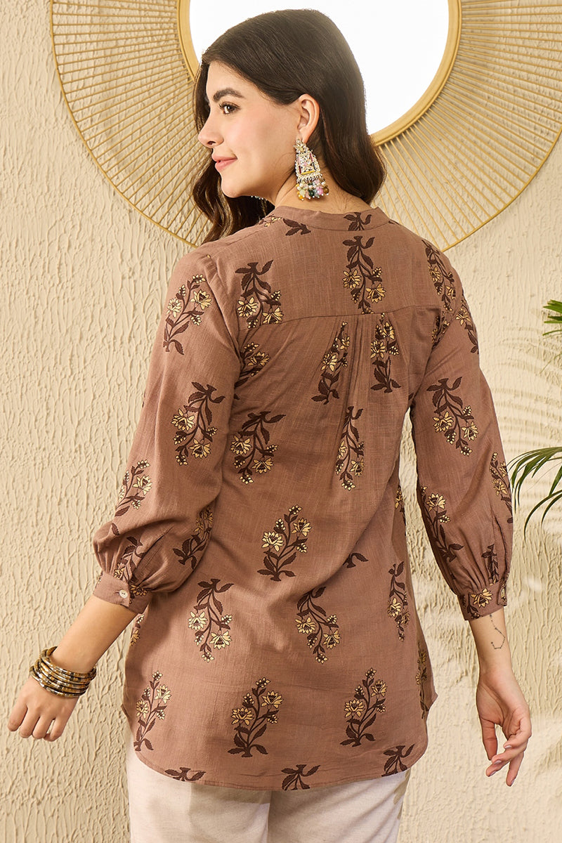 Brown Cotton Blend Floral Printed Regular Kurti Tunics VT1361