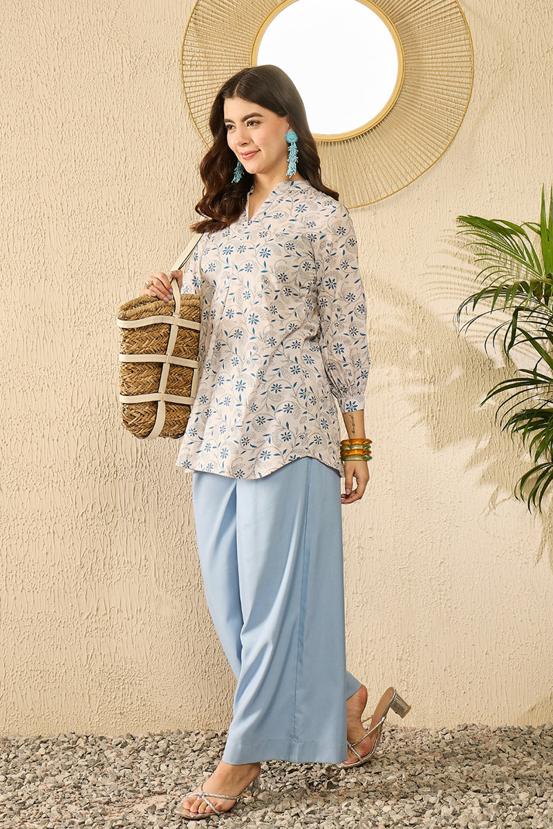 White Cotton Blend Floral Printed Regular Kurti Tunics VT1362