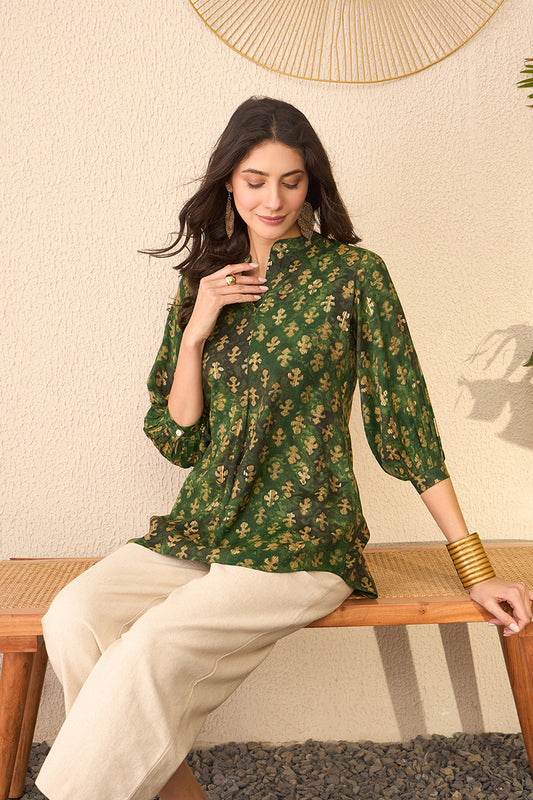 Green Cotton Blend Ethnic Motifs Printed Regular Top VT1364