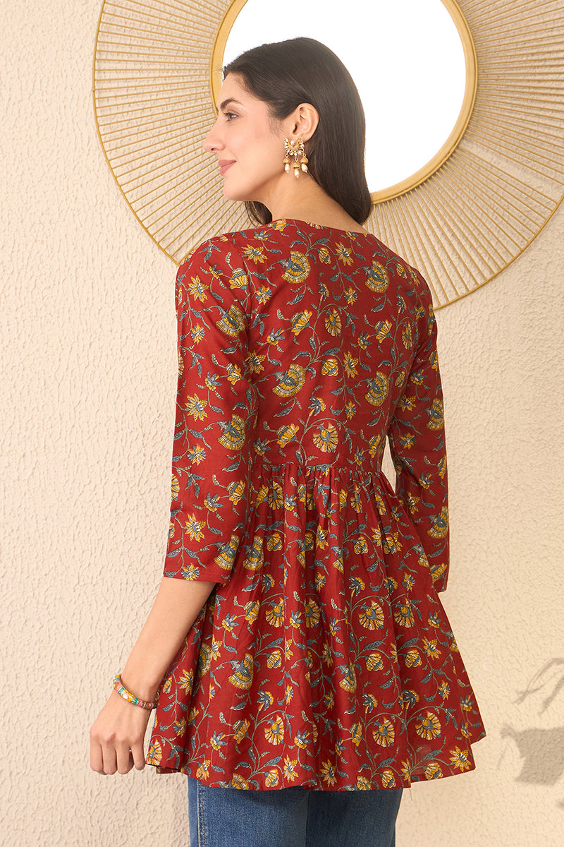 Red Cotton Blend Floral Printed Regular Peplum Top VT1367