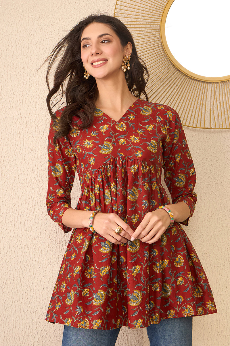 Red Cotton Blend Floral Printed Regular Peplum Top VT1367