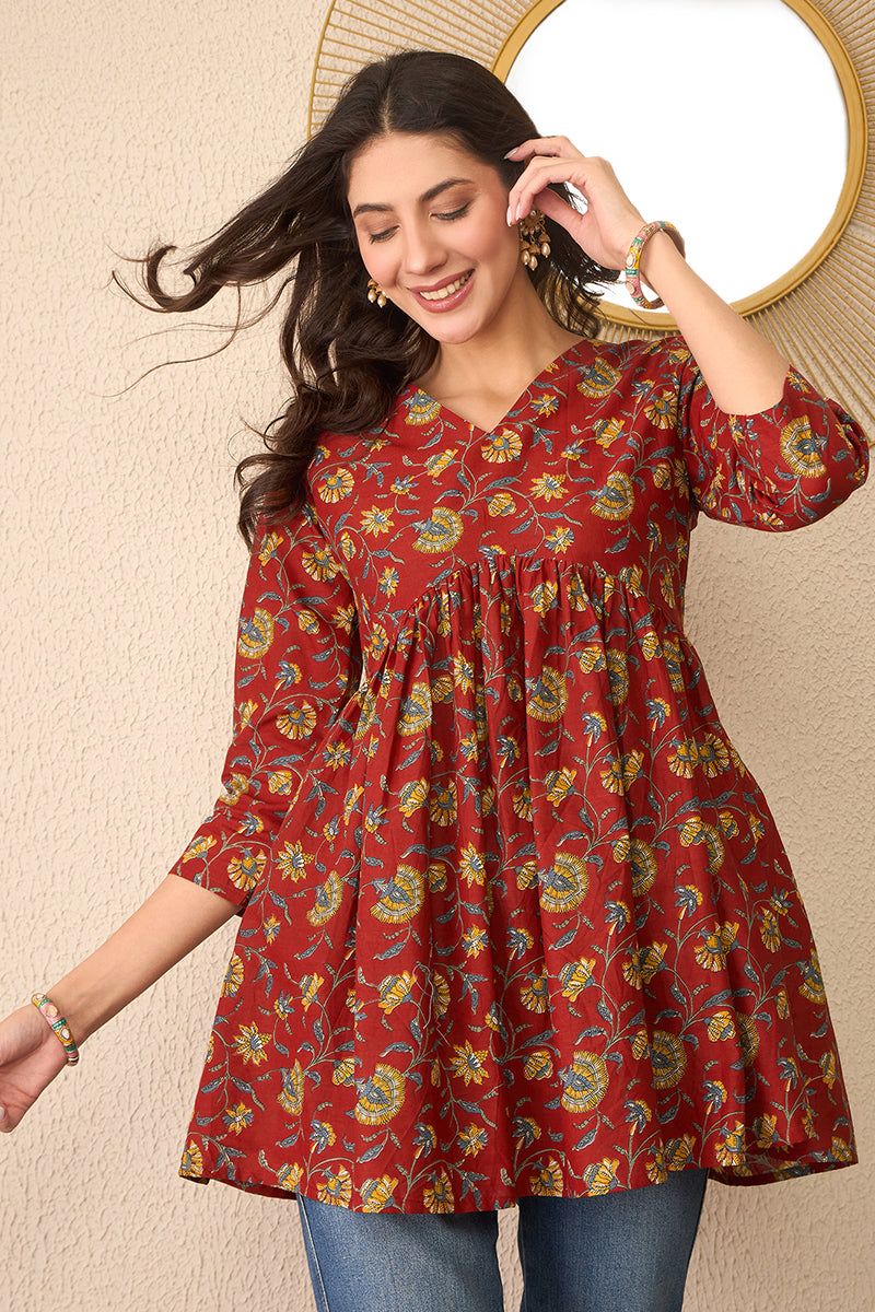 Red Cotton Blend Floral Printed Regular Peplum Top VT1367