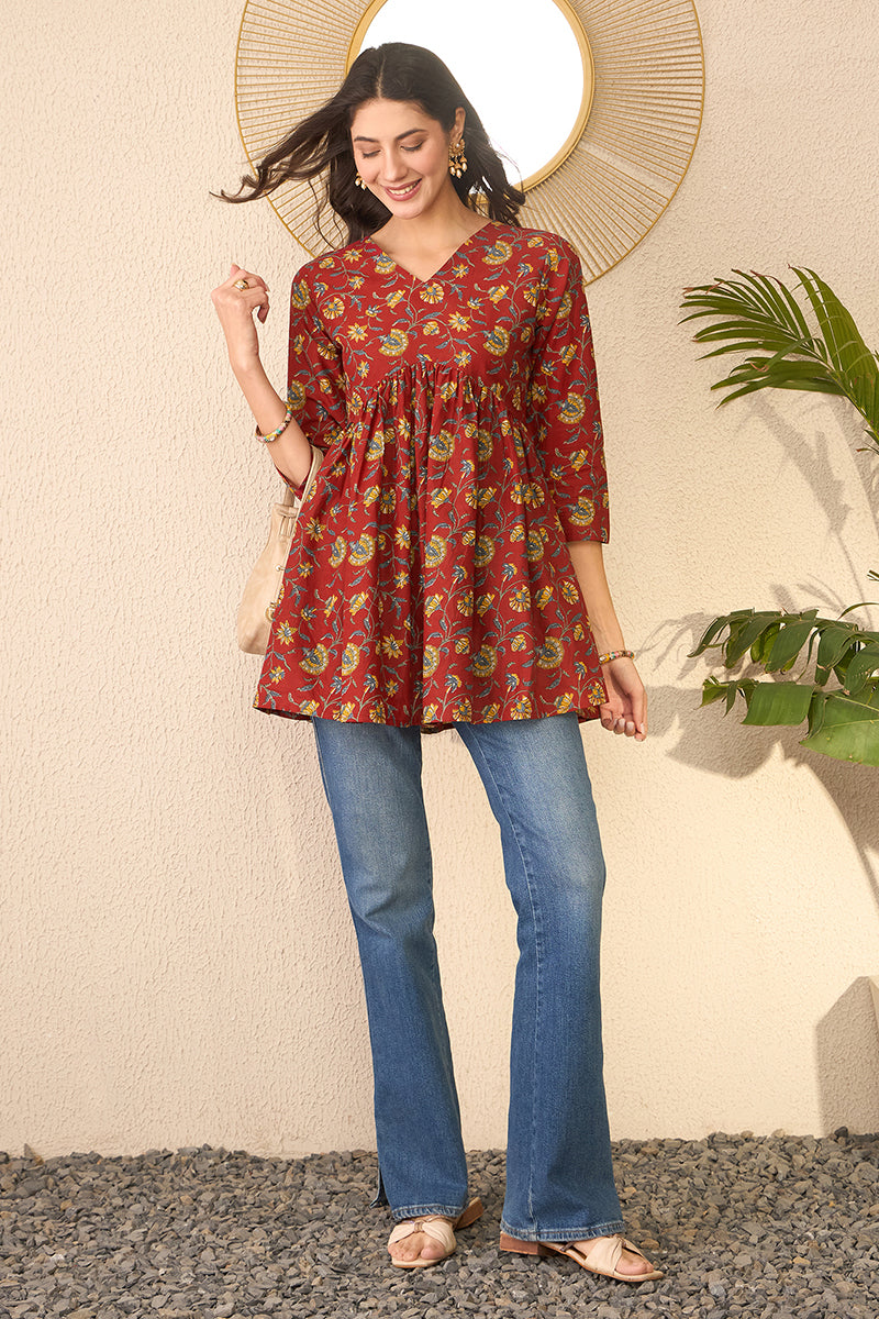 Red Cotton Blend Floral Printed Regular Peplum Top VT1367