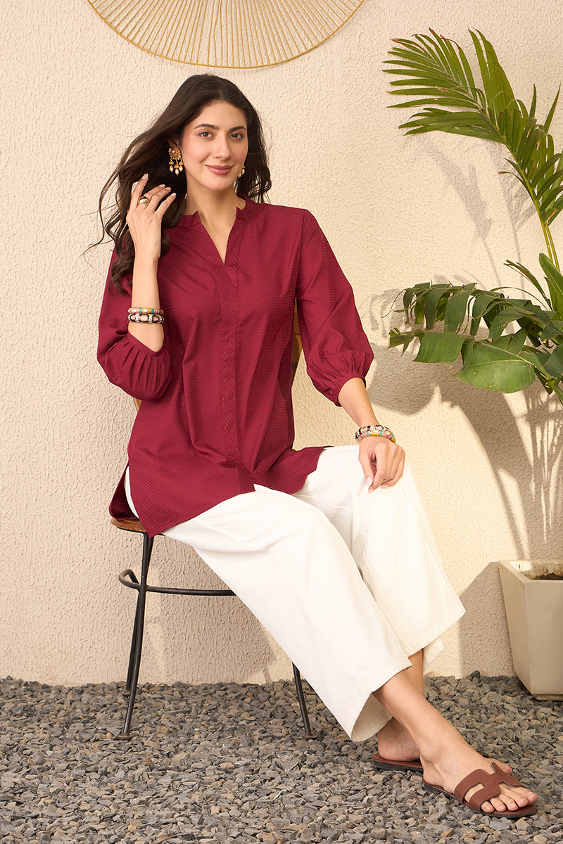 Maroon Silk Blend Solid Regular Top VT1369
