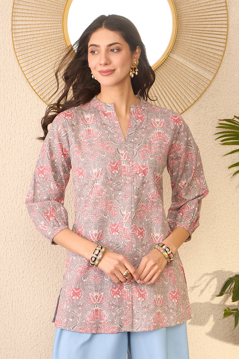 Grey Cotton Blend Floral Printed Regular Top VT1371