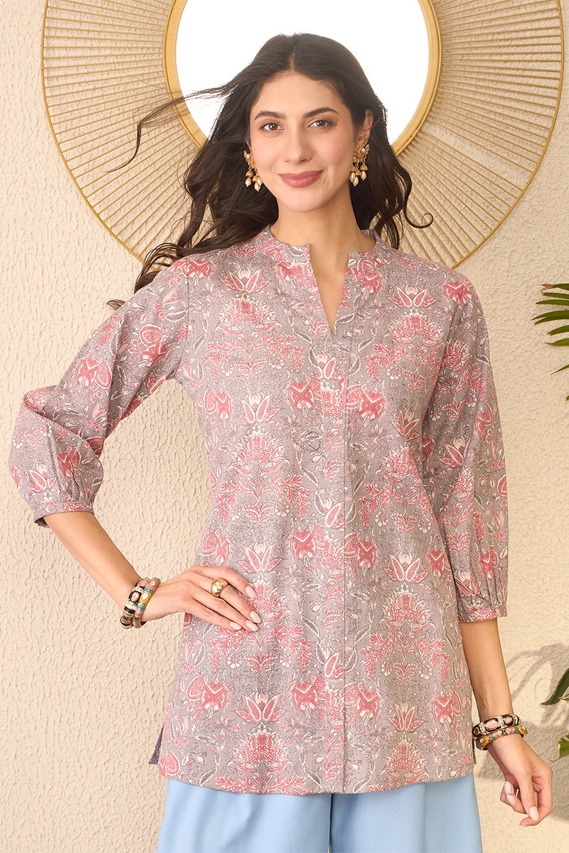 Grey Cotton Blend Floral Printed Regular Top VT1371