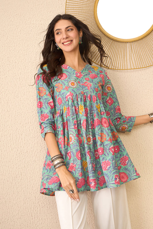 Green Cotton Blend Floral Printed Regular Peplum Top VT1376