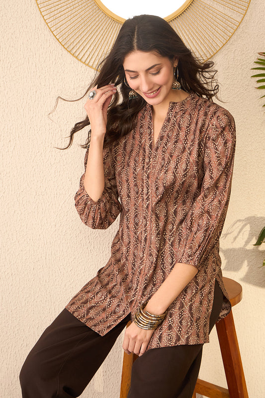Brown Cotton Blend Ethnic Motifs Printed Regular Top VT1378