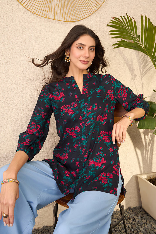 Navy Blue Cotton Blend Floral Printed Regular Top VT1380