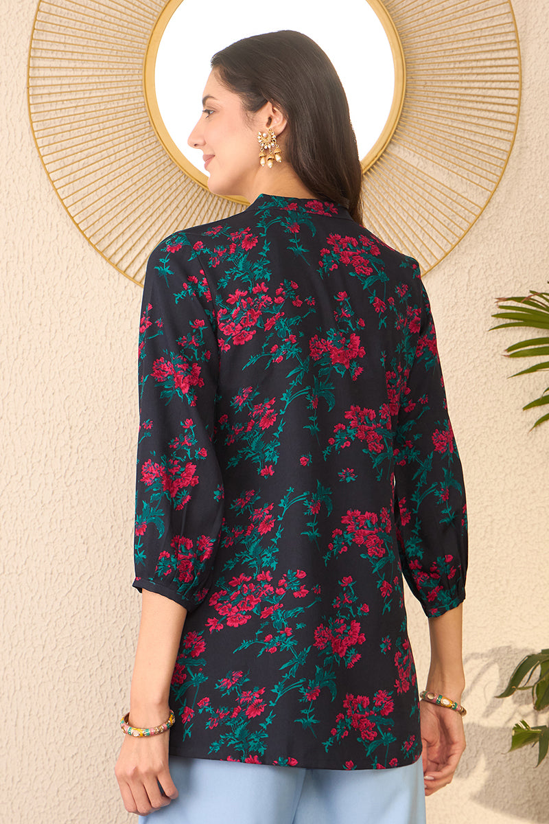 Navy Blue Cotton Blend Floral Printed Regular Top VT1380